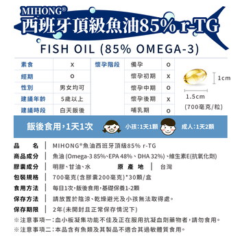 【+1元多1件！平均$500/入】MIHONG®西班牙頂級魚油85％ r-TG(30顆/盒)
