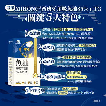 【+1元多1件！平均$500/入】MIHONG®西班牙頂級魚油85％ r-TG(30顆/盒)